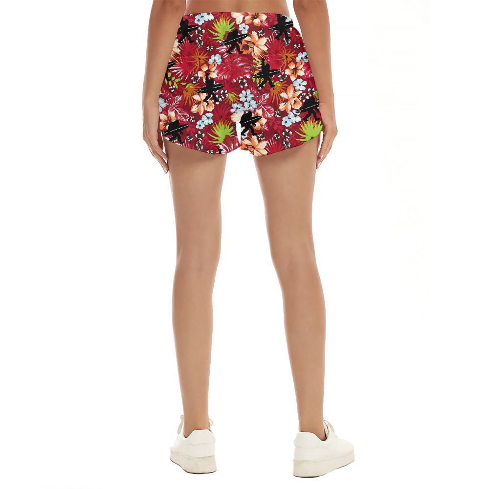 Tropical Bigfoot Surfing Board Red Hawaiian Summer Shorts For Women