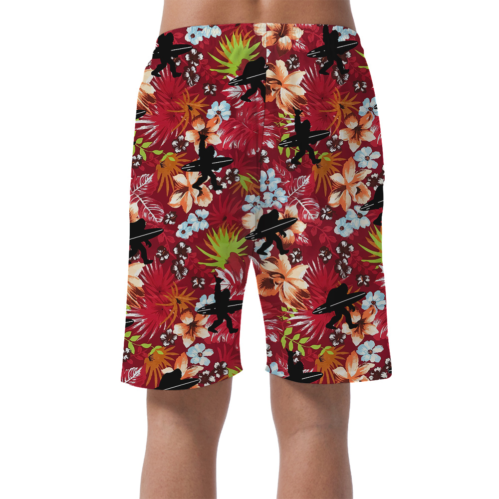 Tropical Bigfoot With Surfing Board Red Hawaiian Beach Shorts For Men