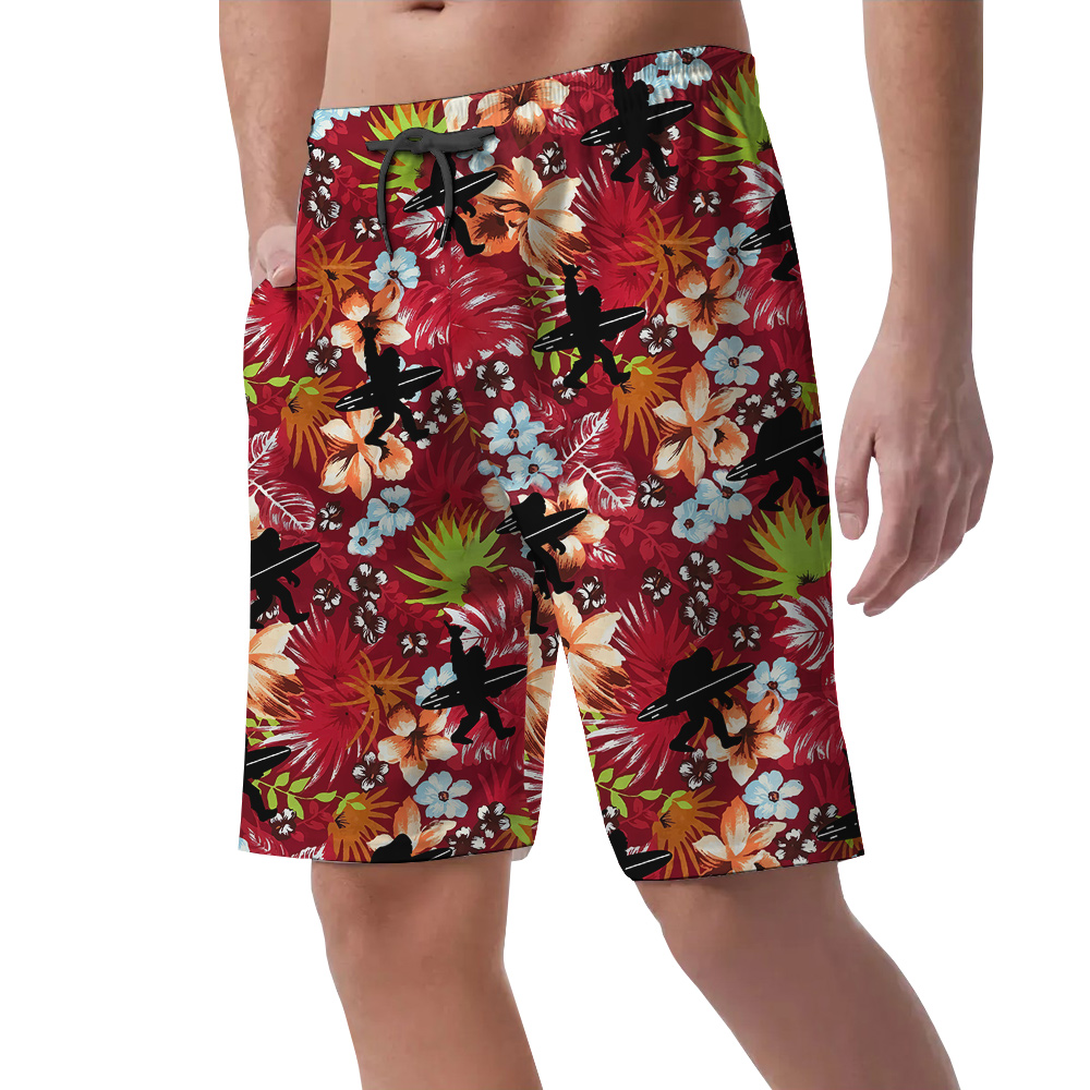 Tropical Bigfoot With Surfing Board Red Hawaiian Beach Shorts For Men
