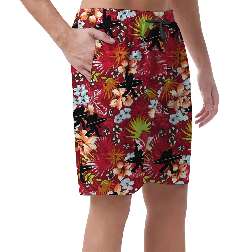 Tropical Bigfoot With Surfing Board Red Hawaiian Beach Shorts For Men