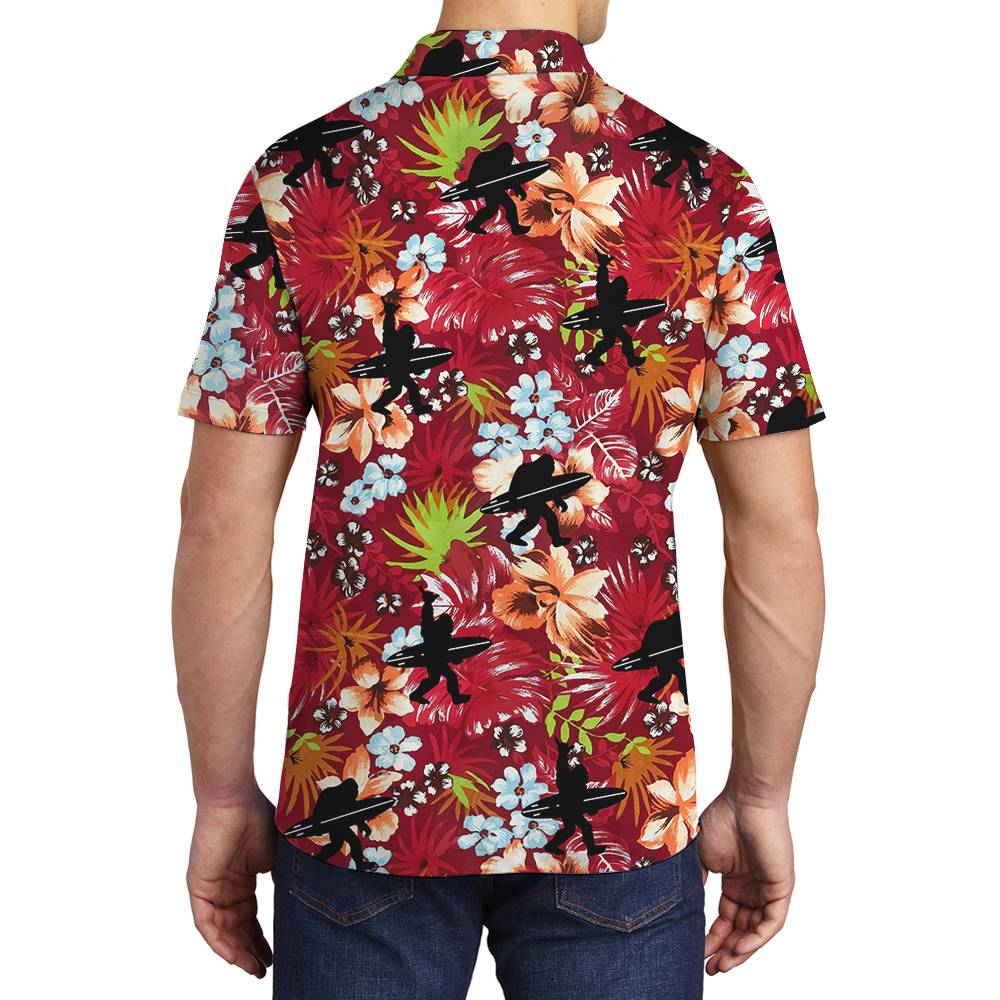 Tropical Bigfoot Surfing Red Hawaiian Polo Shirt For Men