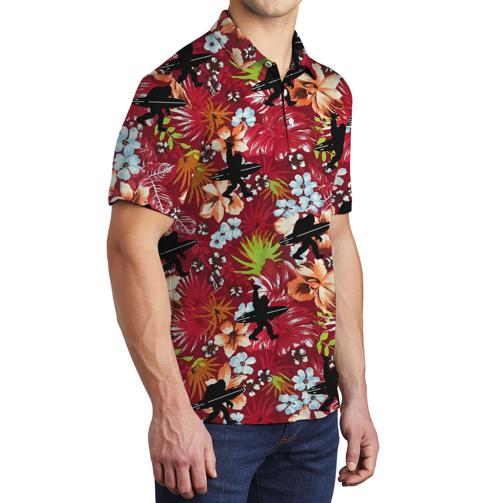 Tropical Bigfoot Surfing Red Hawaiian Polo Shirt For Men