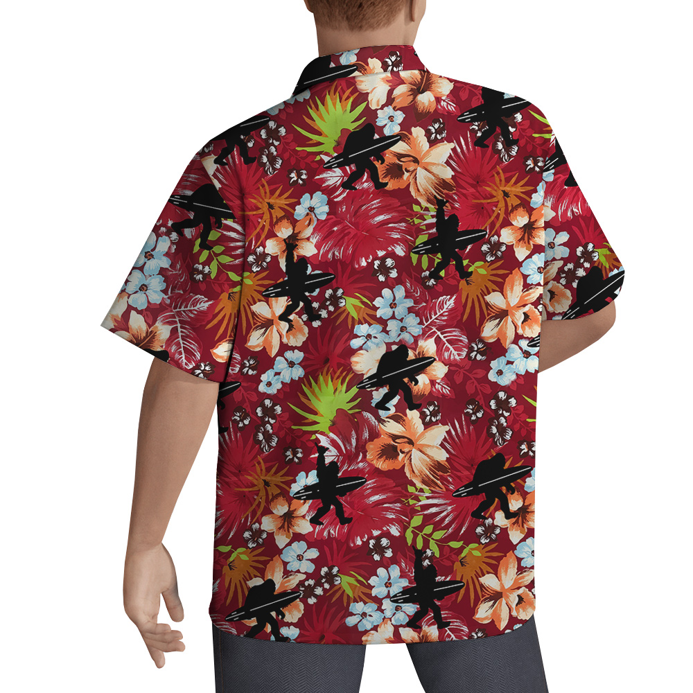 Bigfoot Surfing Tropical Red Hawaiian Shirt