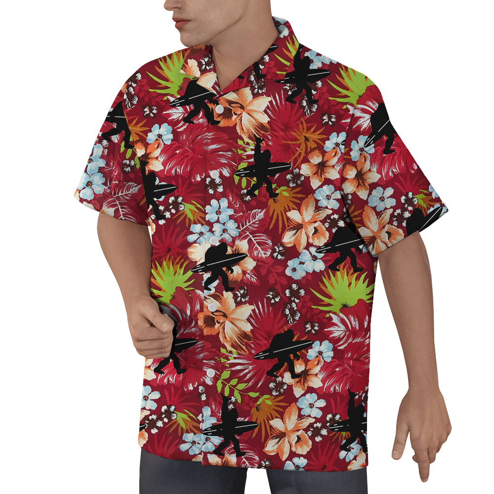 Bigfoot Surfing Tropical Red Hawaiian Shirt