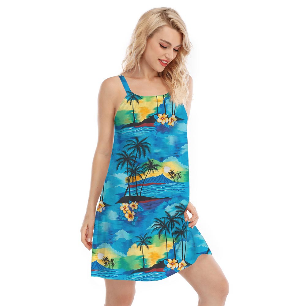 Women's Blue Beach Hawaii Dress With Straps