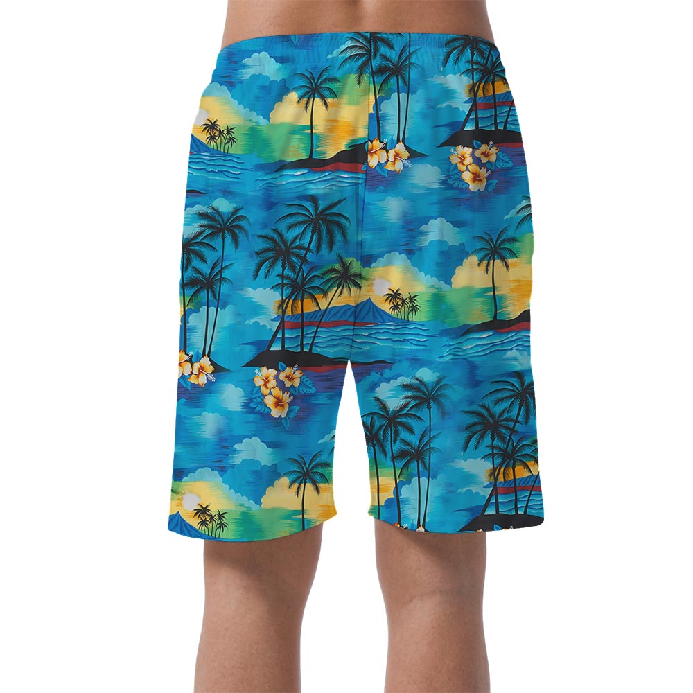 Blue Beach Palm Tree Hawaiian Beach Shorts For Men