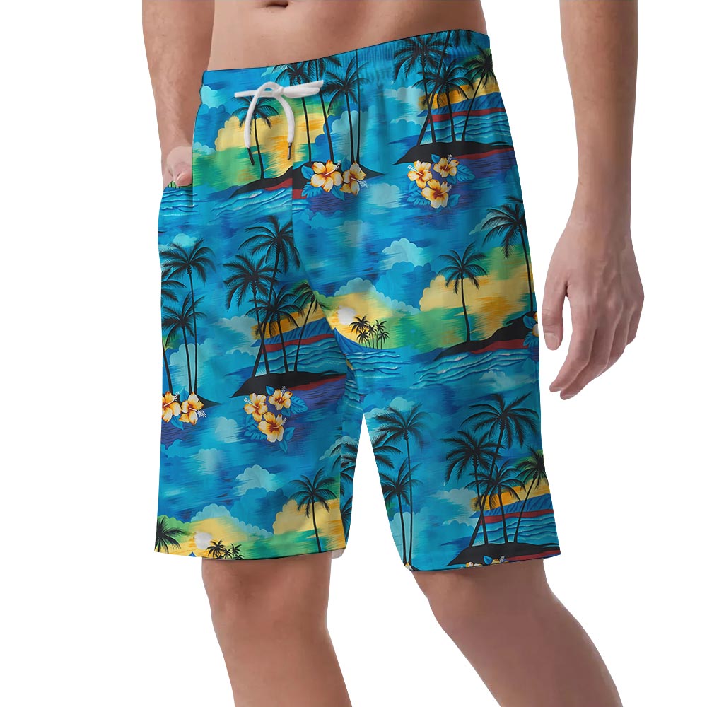 Blue Beach Palm Tree Hawaiian Beach Shorts For Men