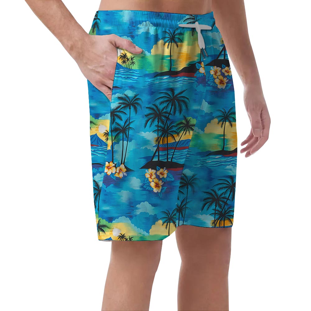 Blue Beach Palm Tree Hawaiian Beach Shorts For Men