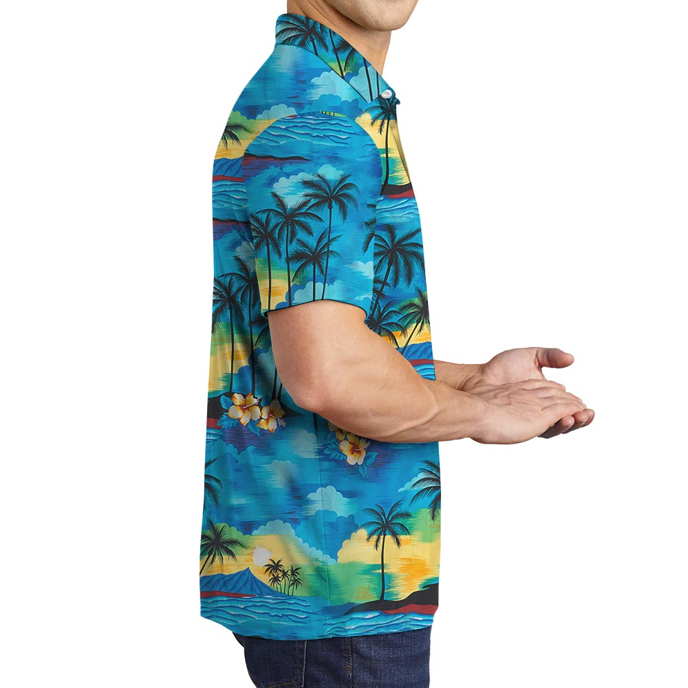 Vintage Blue Beach Aloha Polo Shirt For Men