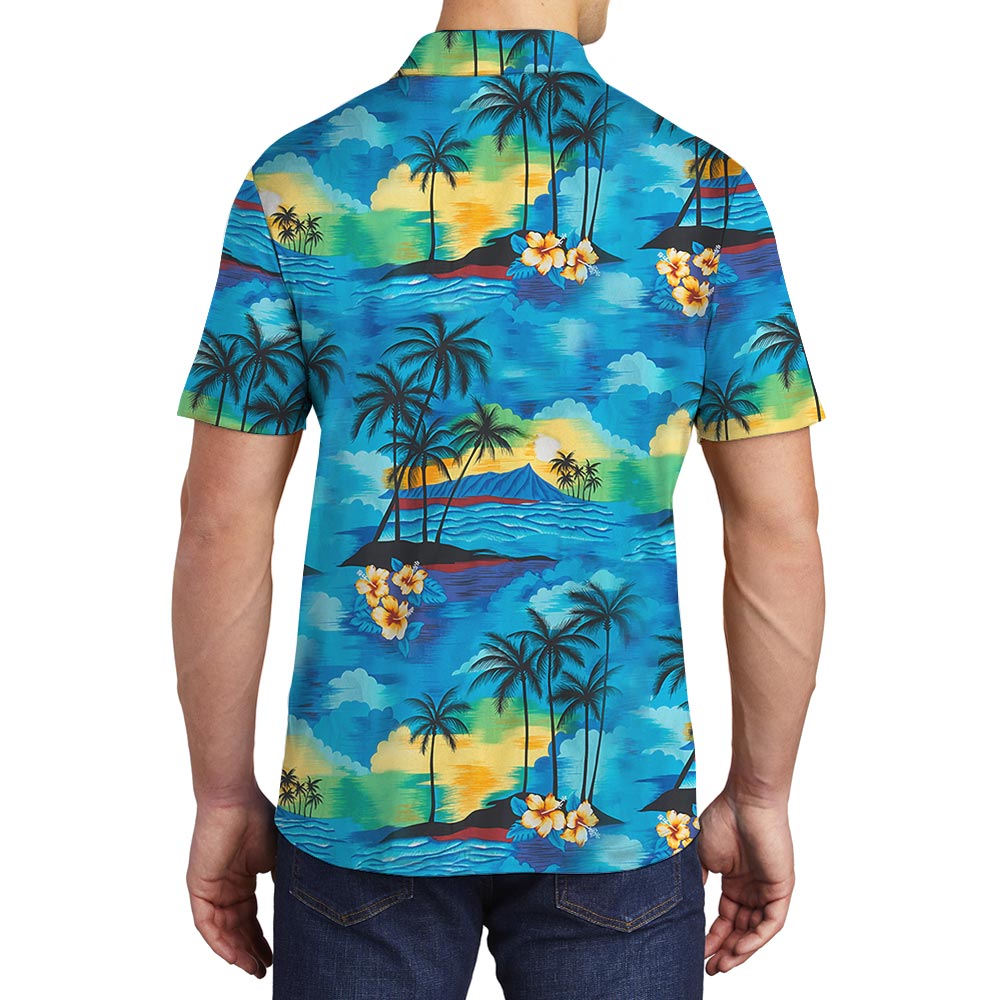 Vintage Blue Beach Aloha Polo Shirt For Men