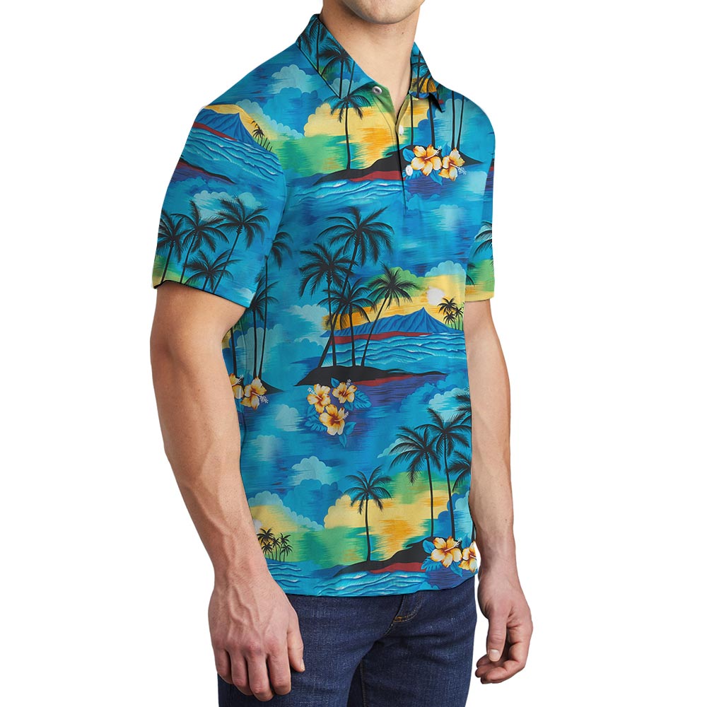 Vintage Blue Beach Aloha Polo Shirt For Men