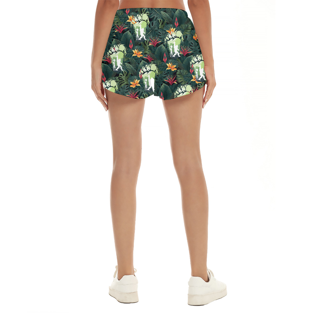 Cute Alien Sasquatch Tropical Green Hawaiian Beach Shorts For Women