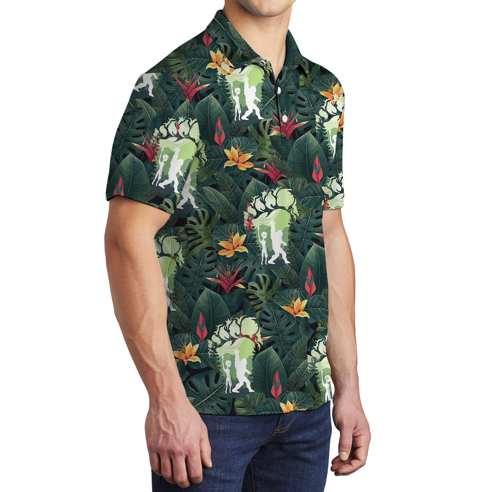 Cool Bigfoot And Alien Tropical Hawaiian Polo Shirt For Men