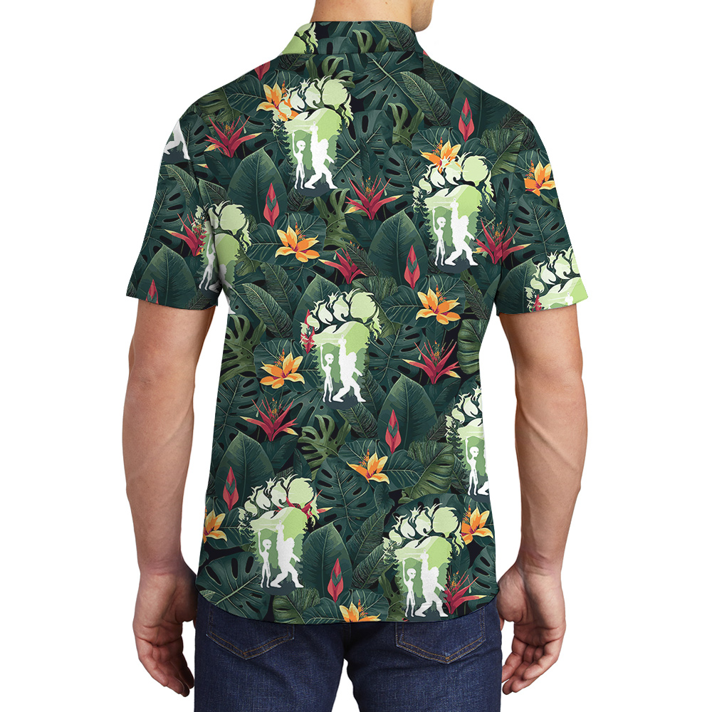 Cool Bigfoot And Alien Tropical Hawaiian Polo Shirt For Men