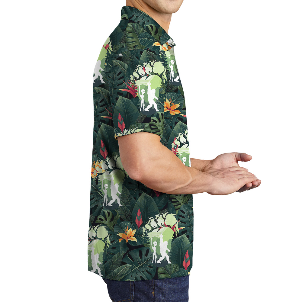 Cool Bigfoot And Alien Tropical Hawaiian Polo Shirt For Men