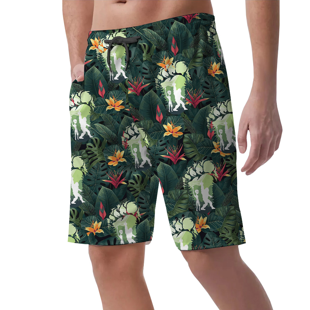 Funny Sasquatch Alien Tropical Green Hawaiian Beach Shorts For Men