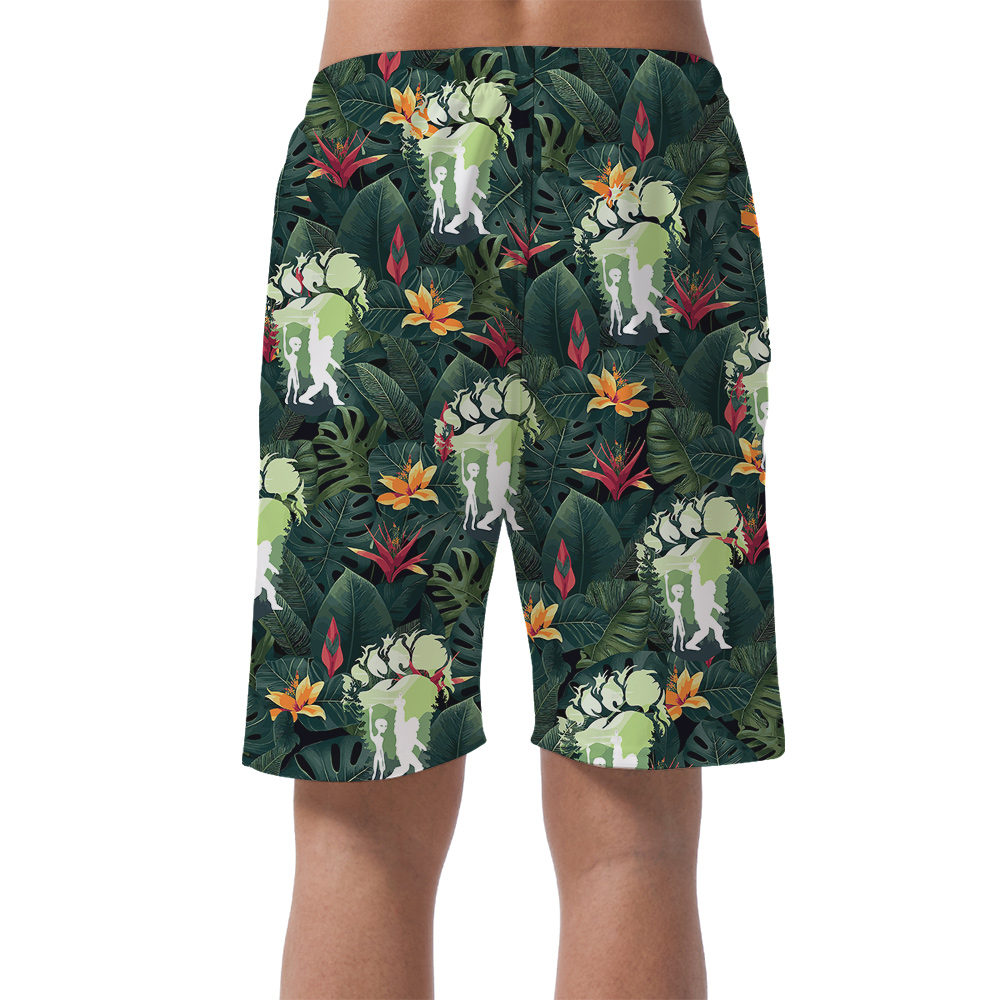 Funny Sasquatch Alien Tropical Green Hawaiian Beach Shorts For Men
