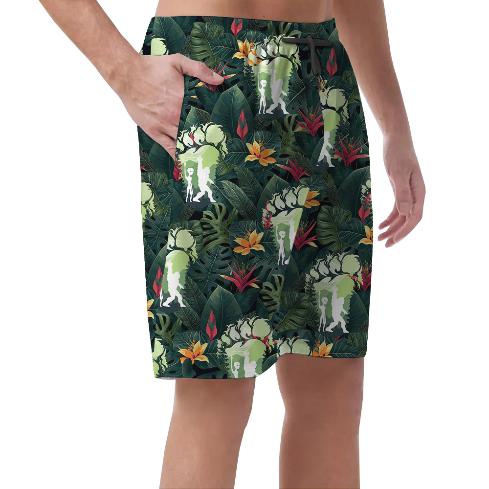 Funny Sasquatch Alien Tropical Green Hawaiian Beach Shorts For Men