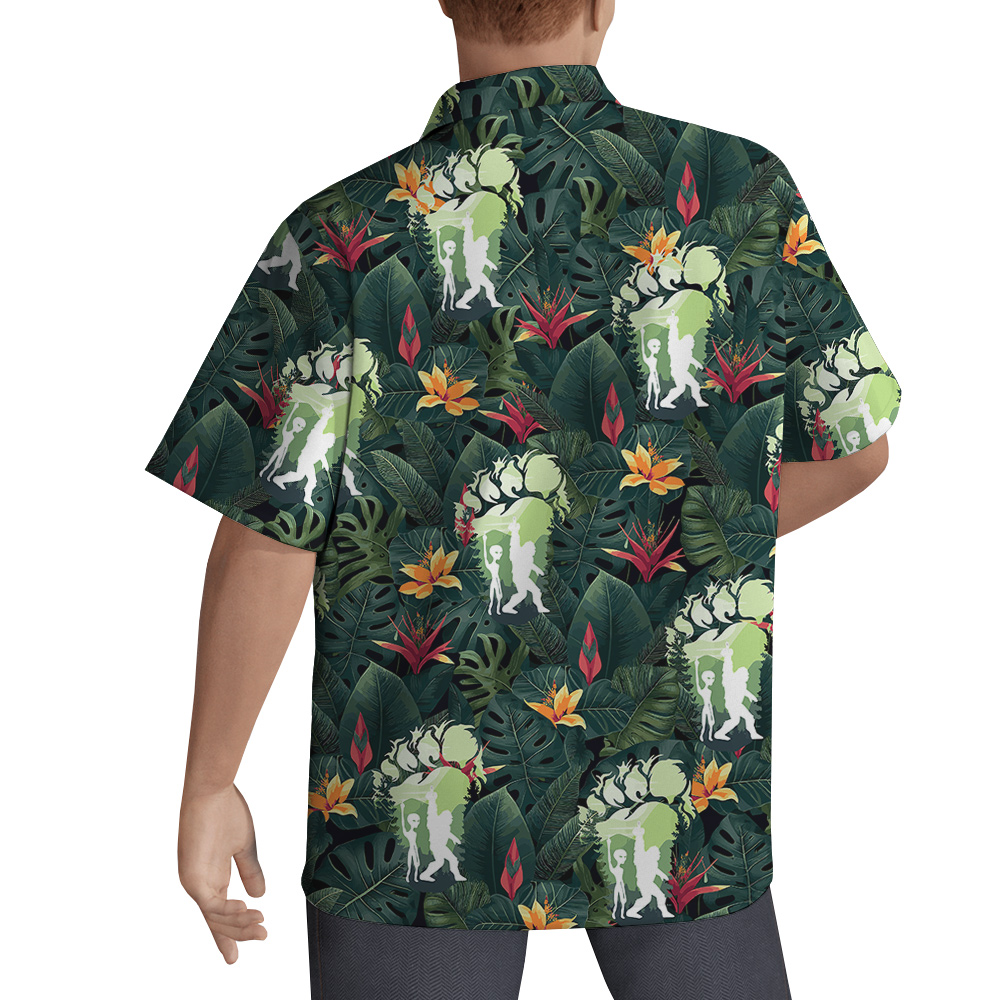 Bigfoot And Alien Tropical Green Hawaiian Shirt