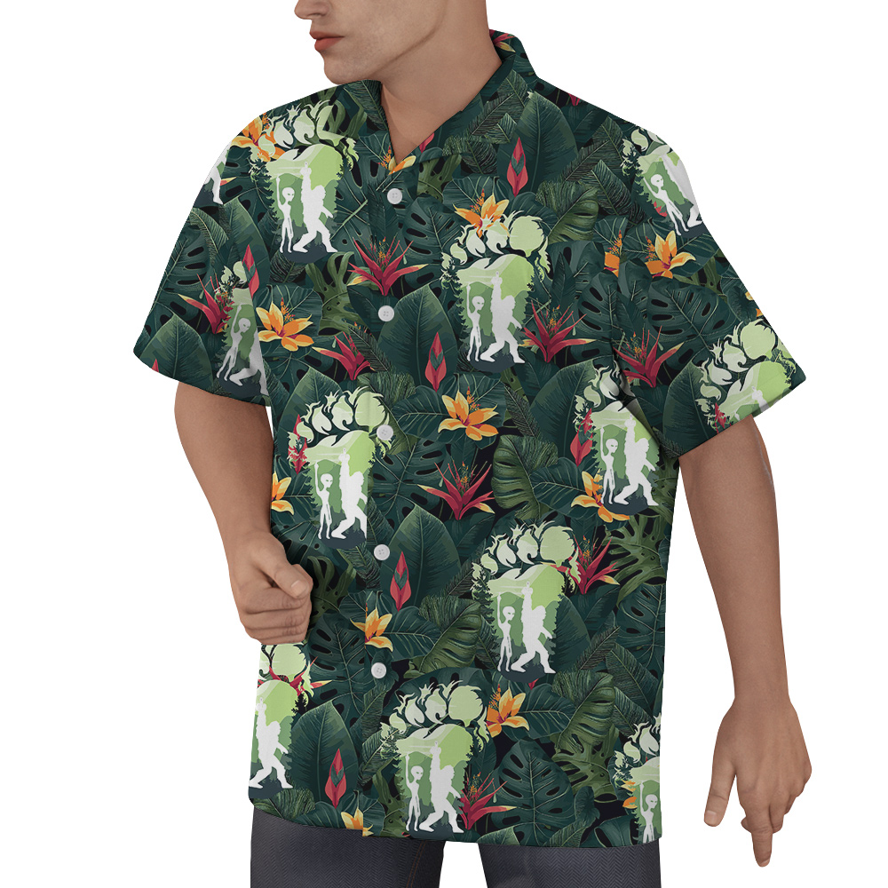Bigfoot And Alien Tropical Green Hawaiian Shirt