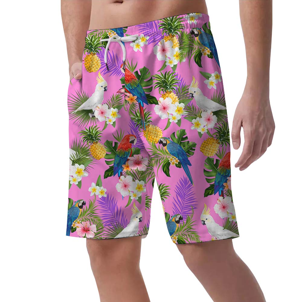 Pink Parrot Men's Hawaiian Beach Shorts