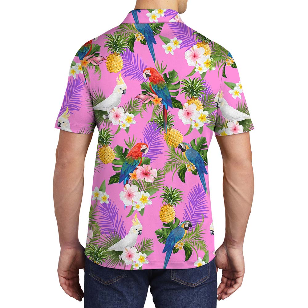 Parrot Tropical Pink Men's Collared Polo Shirts