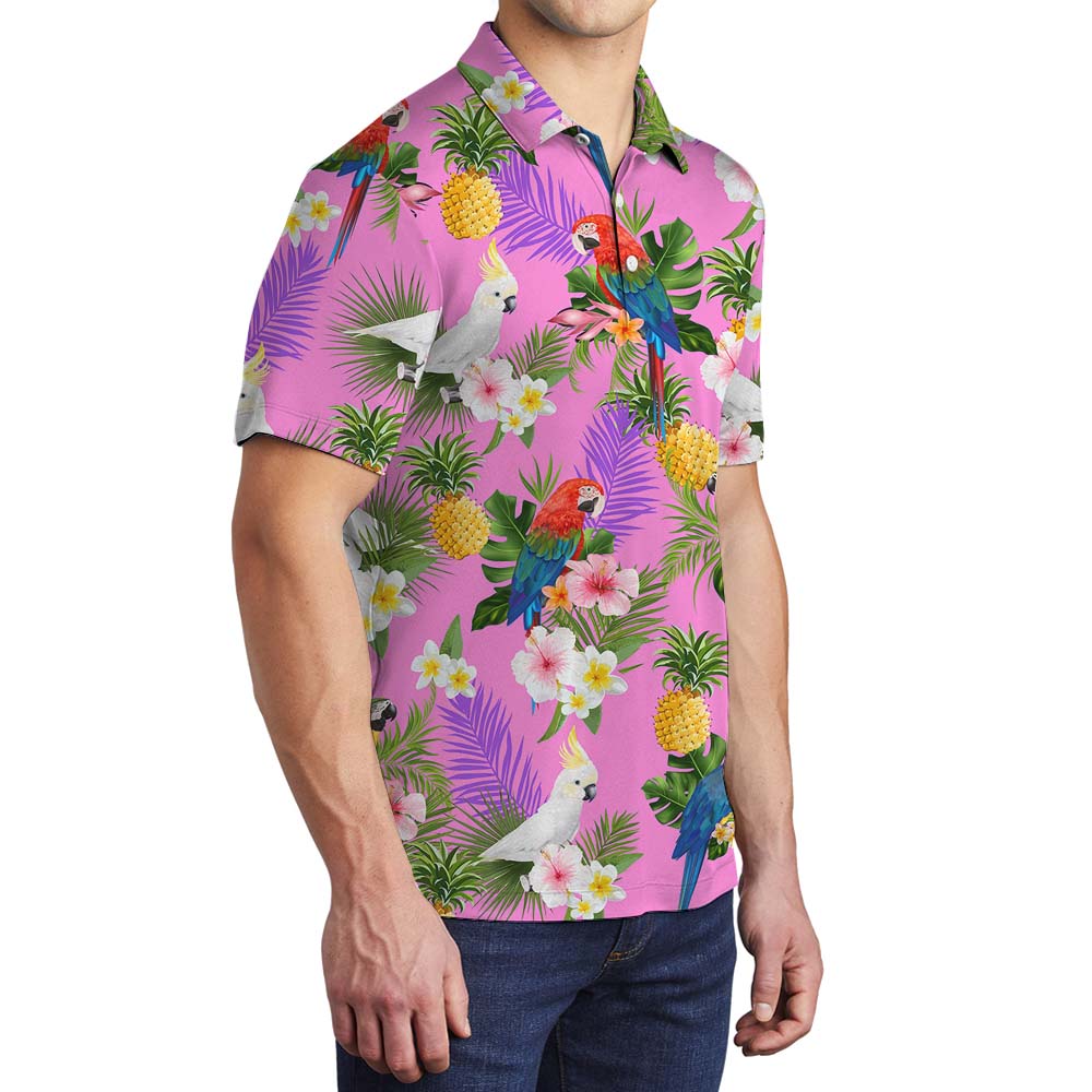 Parrot Tropical Pink Men's Collared Polo Shirts