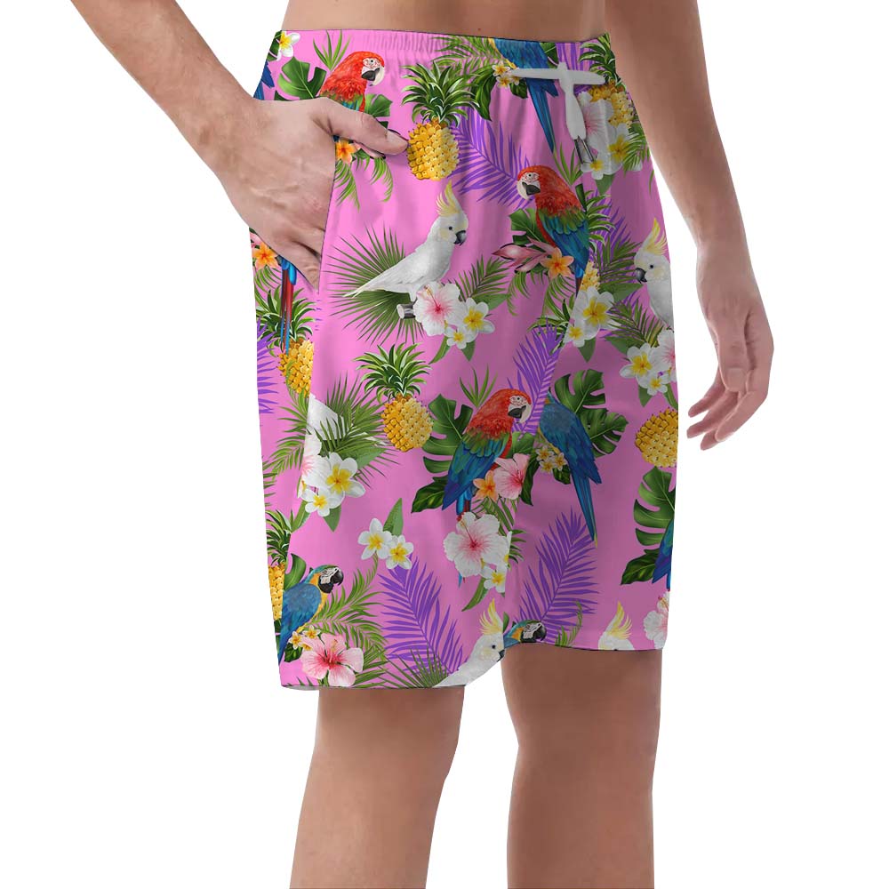 Pink Parrot Men's Hawaiian Beach Shorts