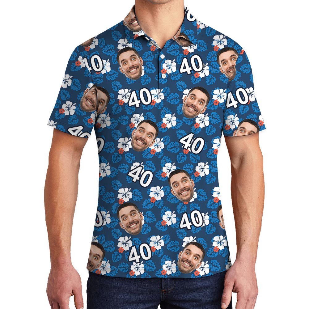 Custom Face Birthday Men's Hawaiian Polo Shirt Hibiscus Navy - variant image 1