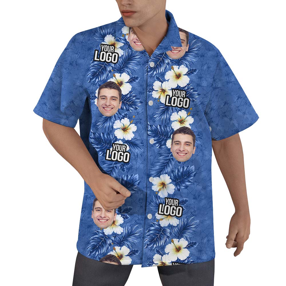 Custom Logo And Face Hawaiian Blue Shirt Men - variant image 1