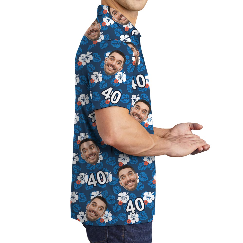 Custom Face Birthday Men's Hawaiian Polo Shirt Hibiscus Navy