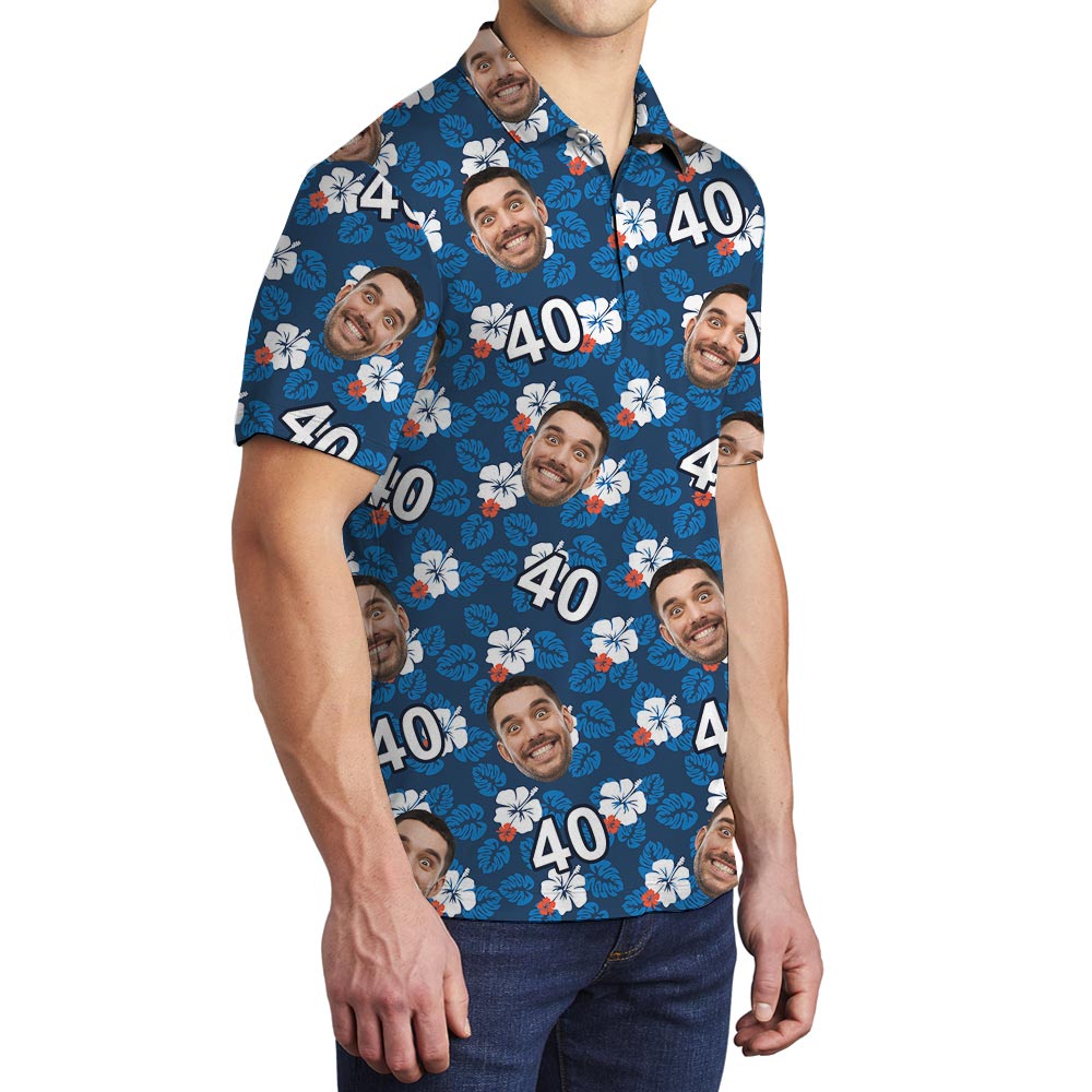 Custom Face Birthday Men's Hawaiian Polo Shirt Hibiscus Navy