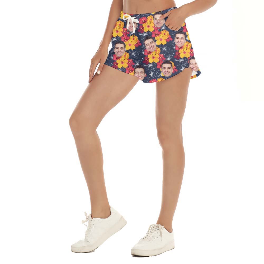 Funny Custom Face Flower Hawaiian Shorts Women