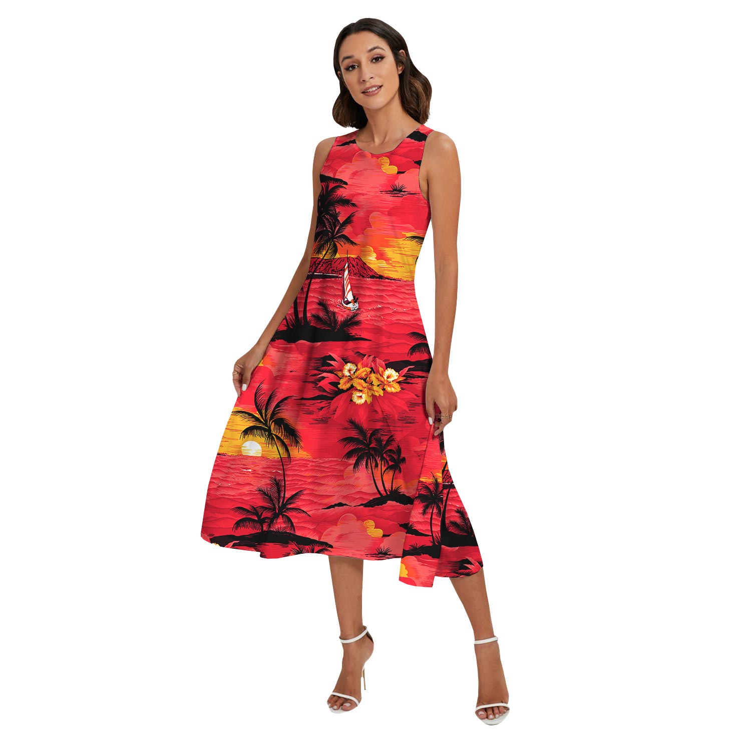 Beach Sunset Red Aloha Shirt And Dress Matching For Couple