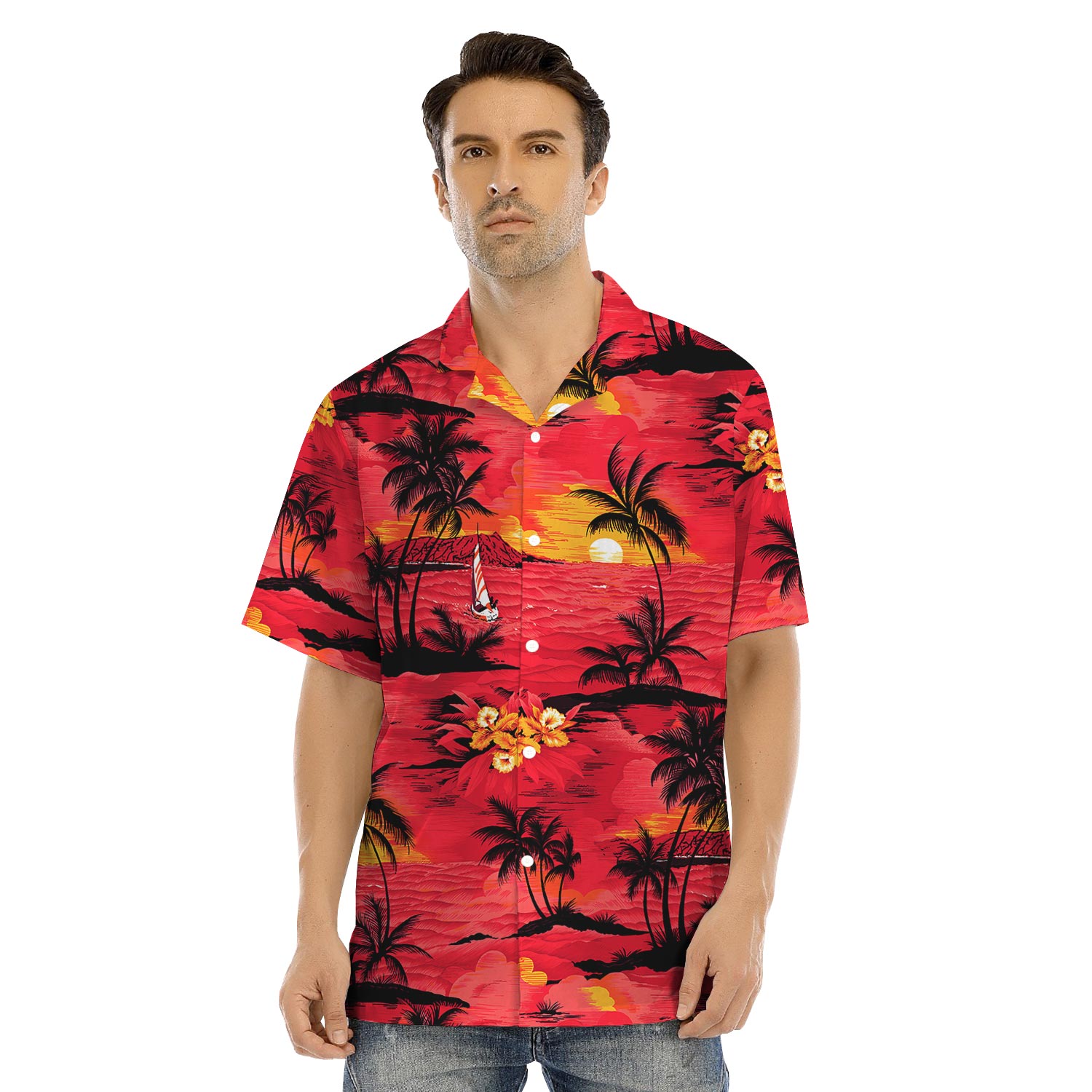 Beach Sunset Red Aloha Shirt And Dress Matching For Couple