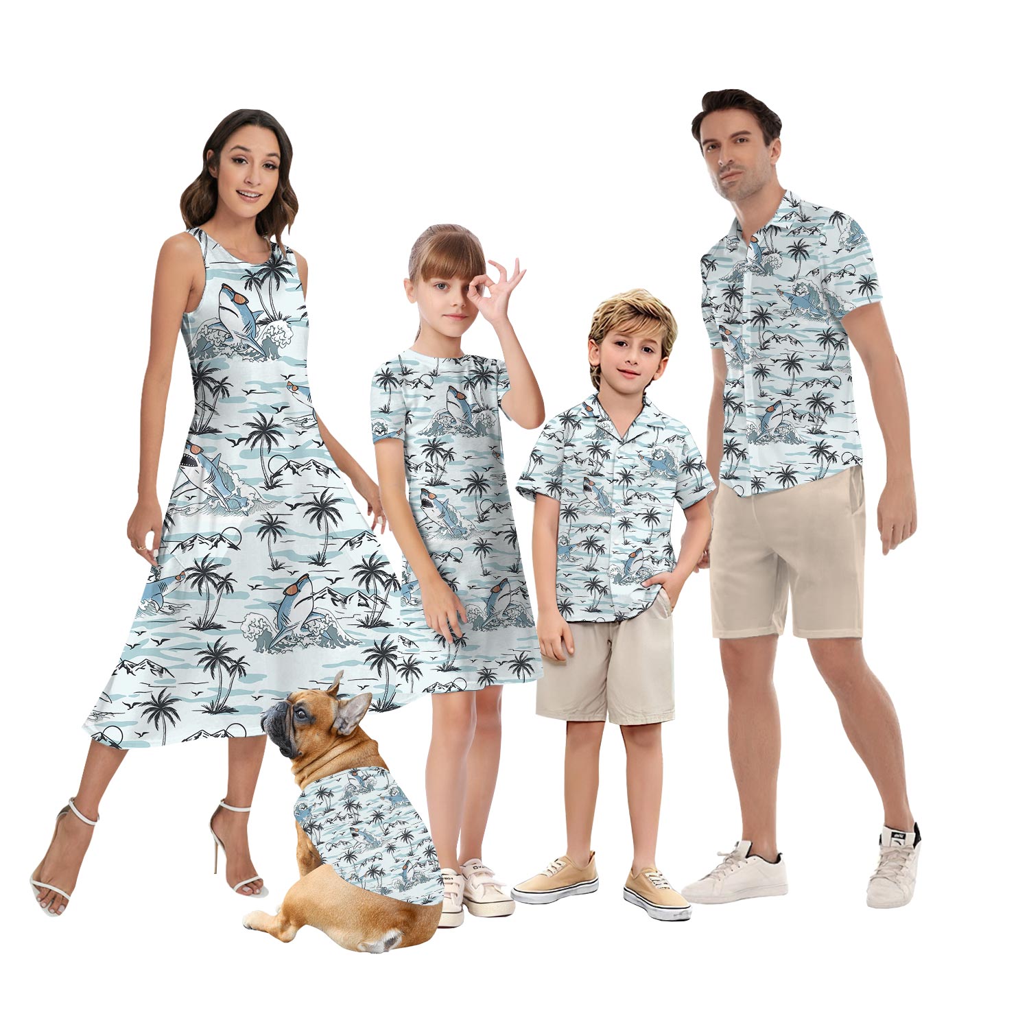 Funny Shark Blue Hawaiian Shirt And Dress Matching Outfits Vacation - variant image 1