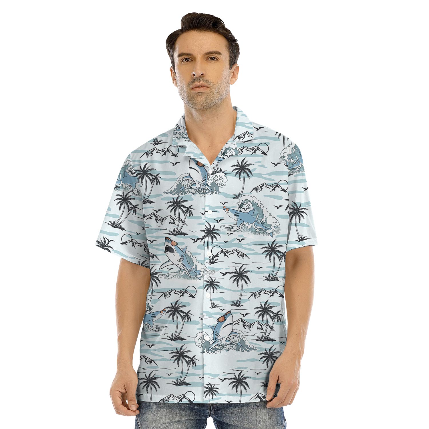 Funny Shark Blue Hawaiian Shirt And Dress Matching Outfits Vacation