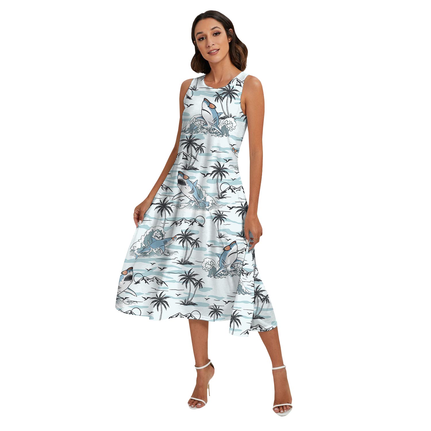 Funny Shark Blue Hawaiian Shirt And Dress Matching Outfits Vacation