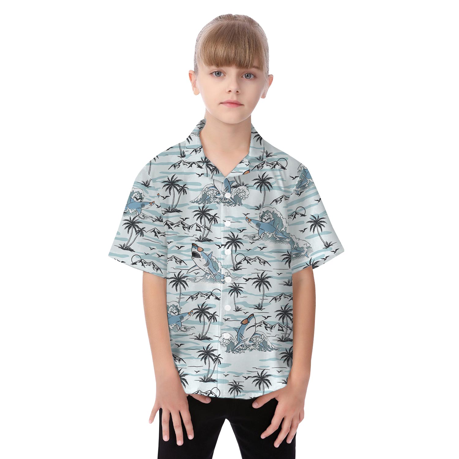 Funny Shark Blue Hawaiian Shirt And Dress Matching Outfits Vacation