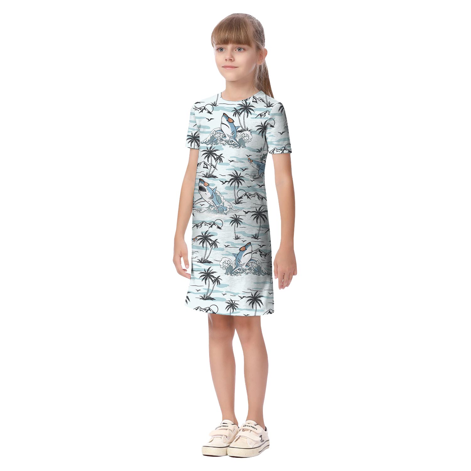 Funny Shark Blue Hawaiian Shirt And Dress Matching Outfits Vacation
