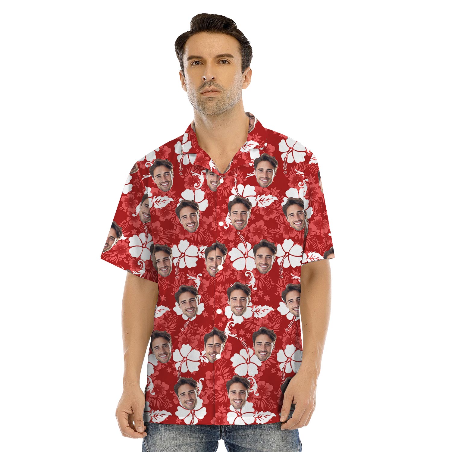 Custom Face Red Hawaiian Shirt And Dress Matching For Couple