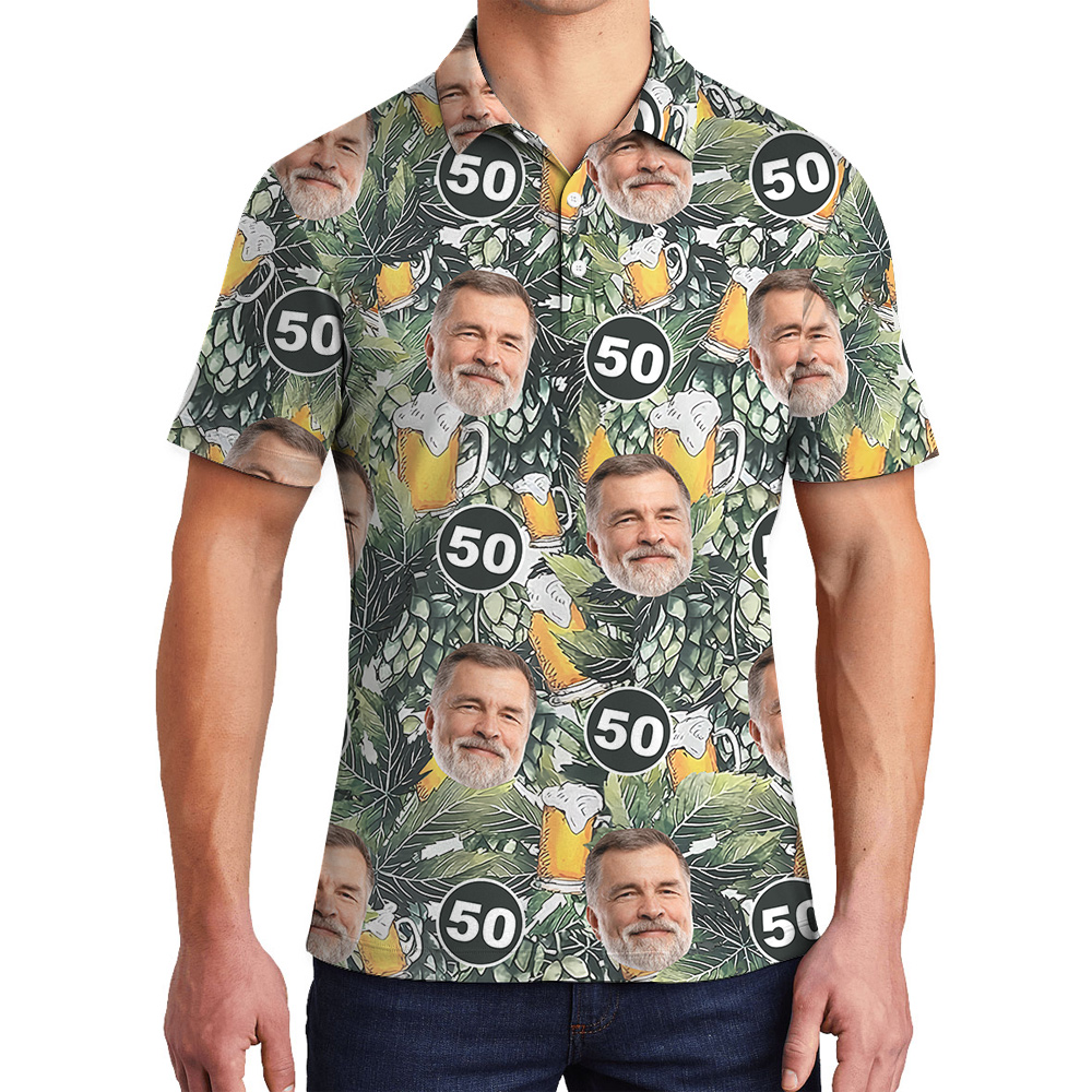 Tropical Custom Face and Age for Birthday Hawaiian Men Polo Shirt - variant image 1