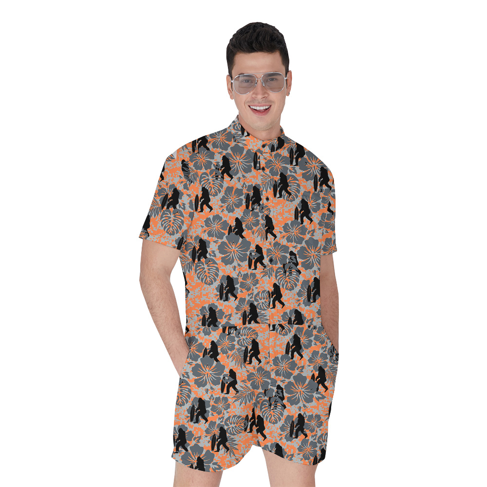Classic Floral Bigfoot Surfing Orange Hawaiian Romper For Men - variant image 1