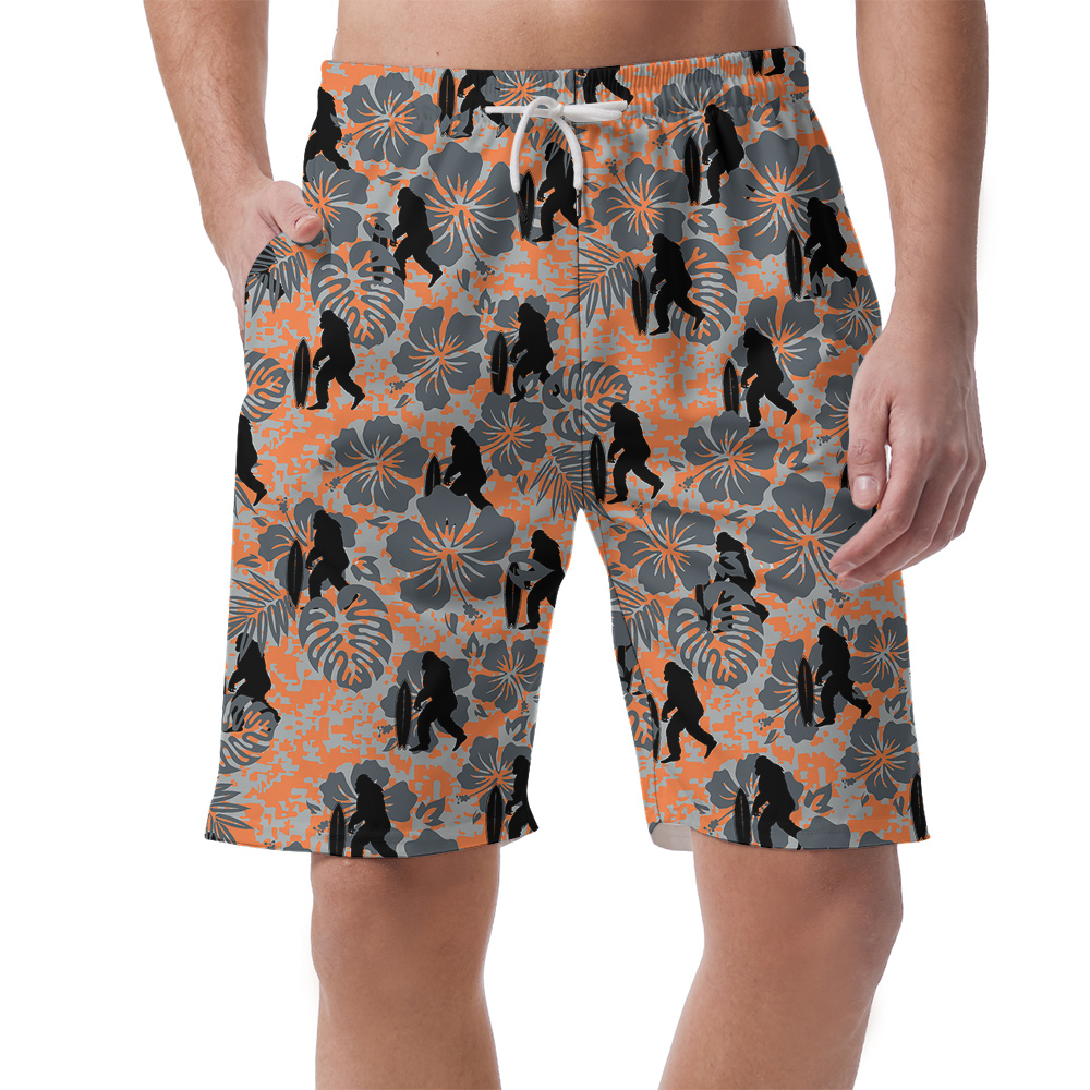 Funny Bigfoot Surfing Vintage Hibiscus Hawaiian Shorts For Men - variant image 1