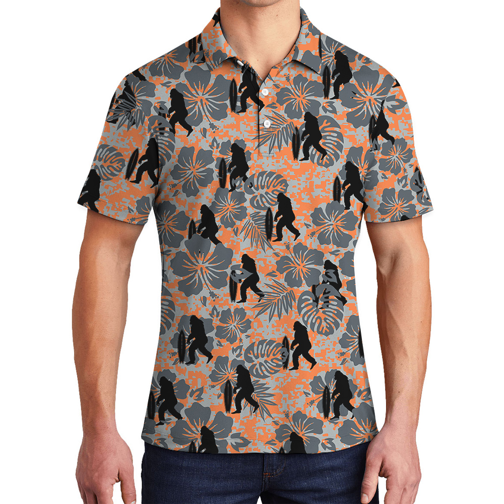 Vintage Hibiscus Surfing Bigfoot Orange Hawaiian Polo Shirt - variant image 1