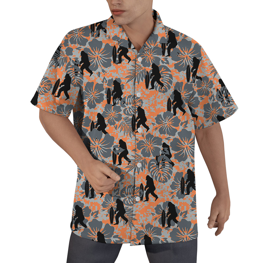 Bigfoot Surfing Board Vintage Hibiscus Orange Hawaiian Shirt - variant image 1