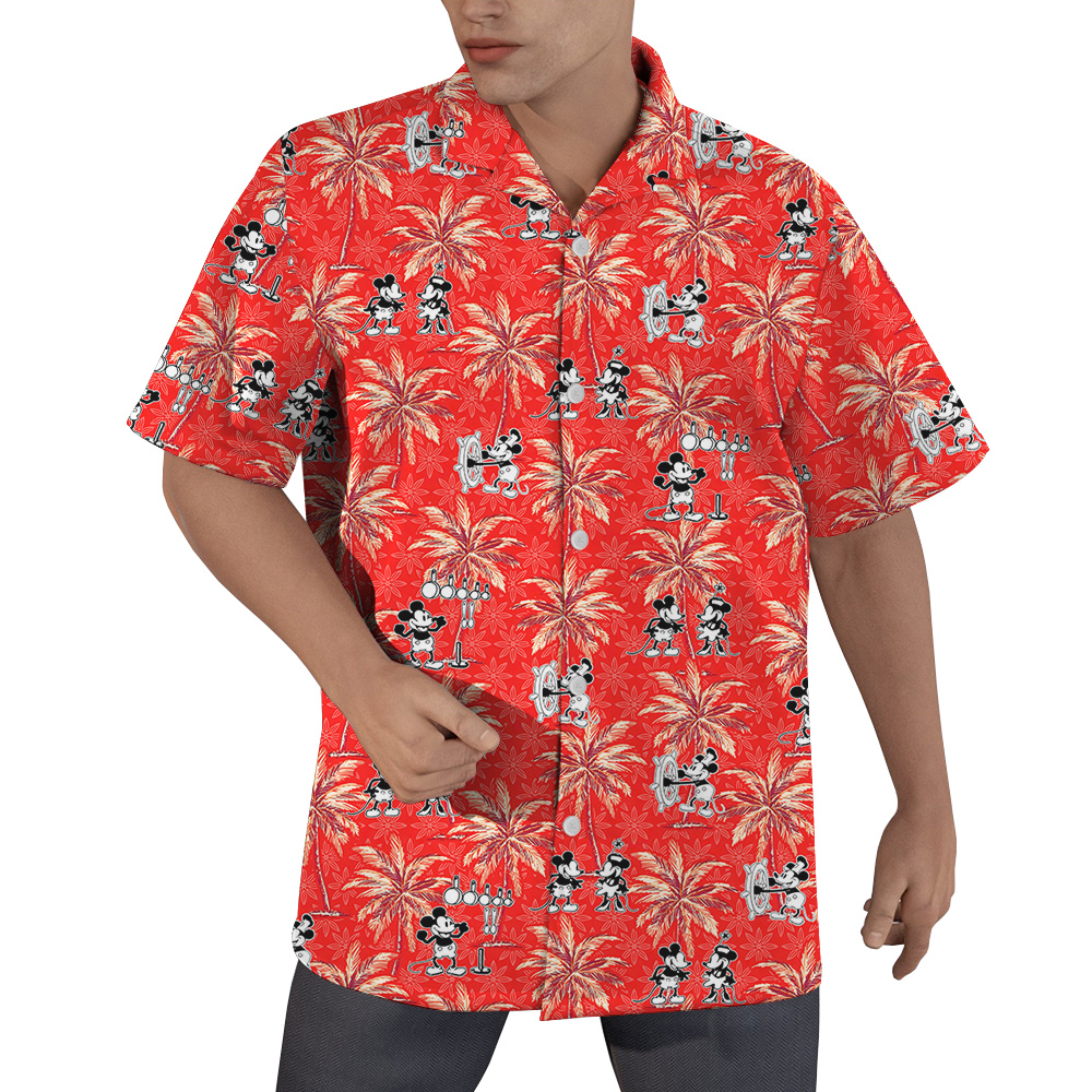 Red Mickey Steamboat Willie Palm Tree Hawaiian Men Shirt - variant image 1