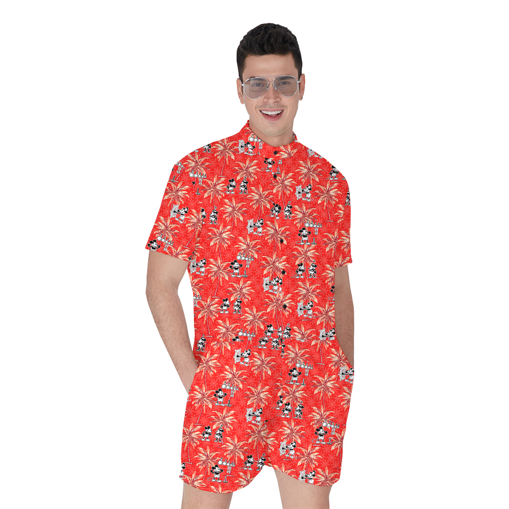 Red Tropical Hawaiian Men Romper with Steamboat Willie Mickey - variant image 1