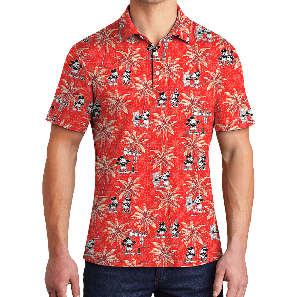 Casual Red Hawaiian Men Polo Shirt with Mickey Steamboat Willie and Palms - variant image 1
