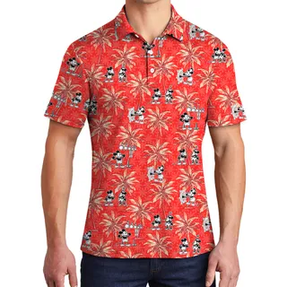 Casual Red Hawaiian Men Polo Shirt with Mickey Steamboat Willie and Palms